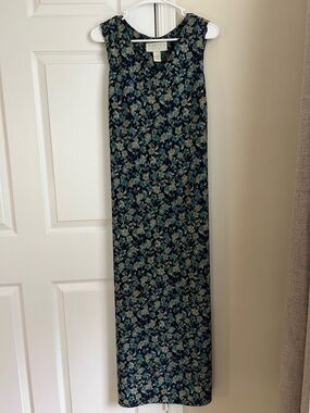 Vintage 90s Norton McNaughton Green Blue Floral Tie Back Waist Maxi Dress Large